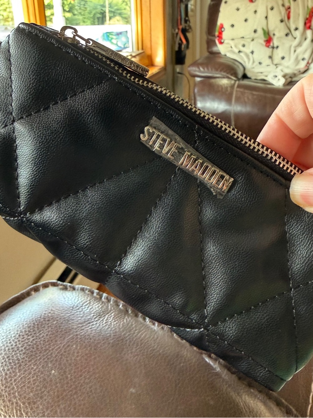 Steve Madden Black quilted nylon zip pouch w key/purse ring
